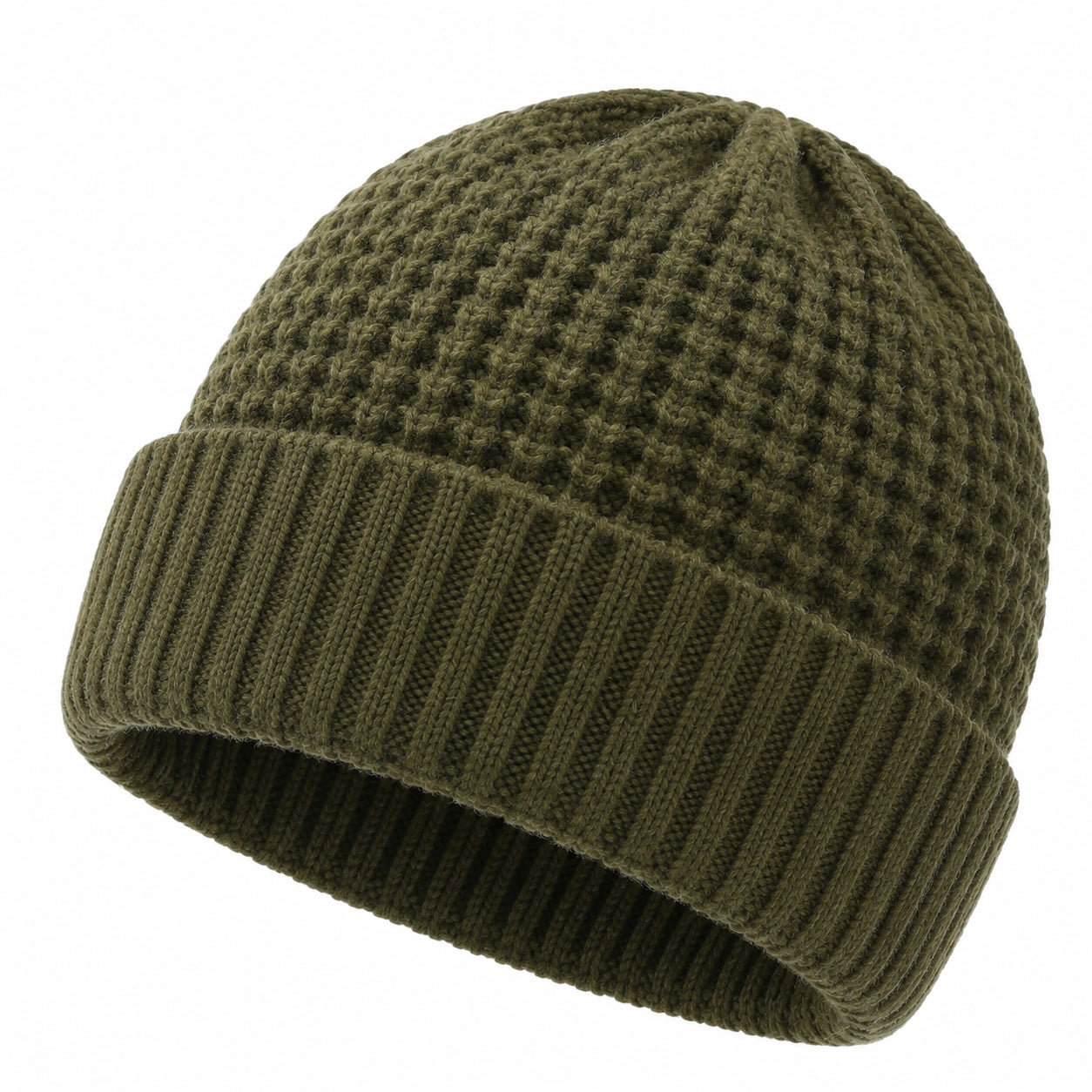 Bonnet taille unique en maille vert kaki à revers pour adulte