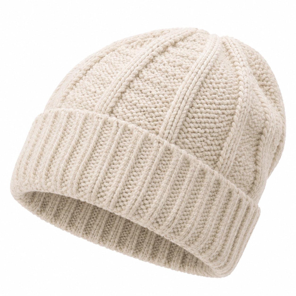 Bonnet taille unique en maille écru à revers torsadé